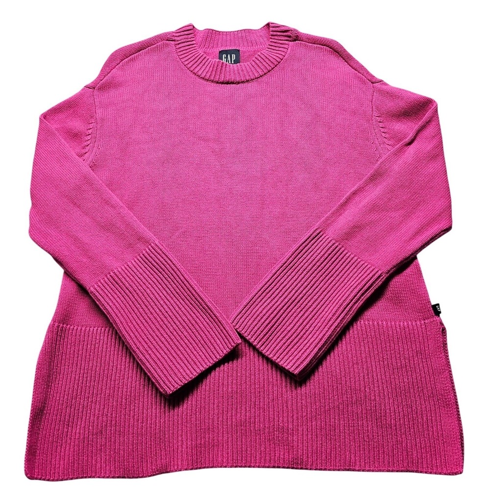 Gap Womens Shaker Stitch Crewneck Sweater Pink Side Slit Relaxed Fit Size S